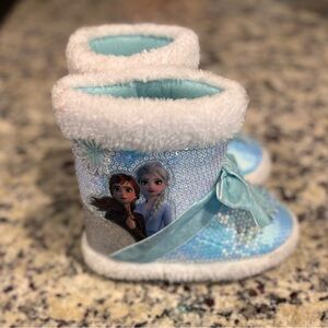 Disney Frozen Toddler Girls Blue Sequin Elsa Boot Slippers House Shoes size 9-10